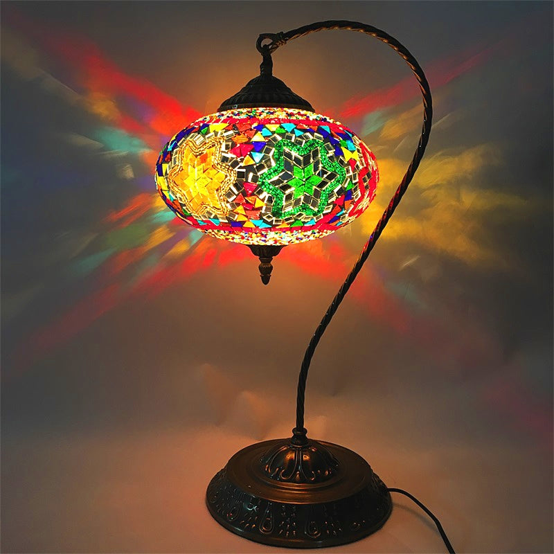 Stained Art Glass Night Light With Curved Arm In Yellow/Blue/Green