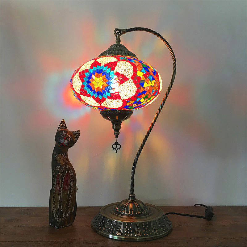 Éléonore - Stained Glass Oblong Night Light Table Lamp - Single Head, Curved Arm,