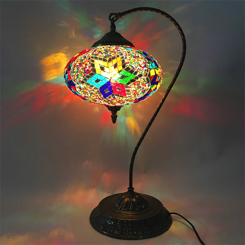 Éléonore - Stained Glass Oblong Night Light Table Lamp - Single Head, Curved Arm,