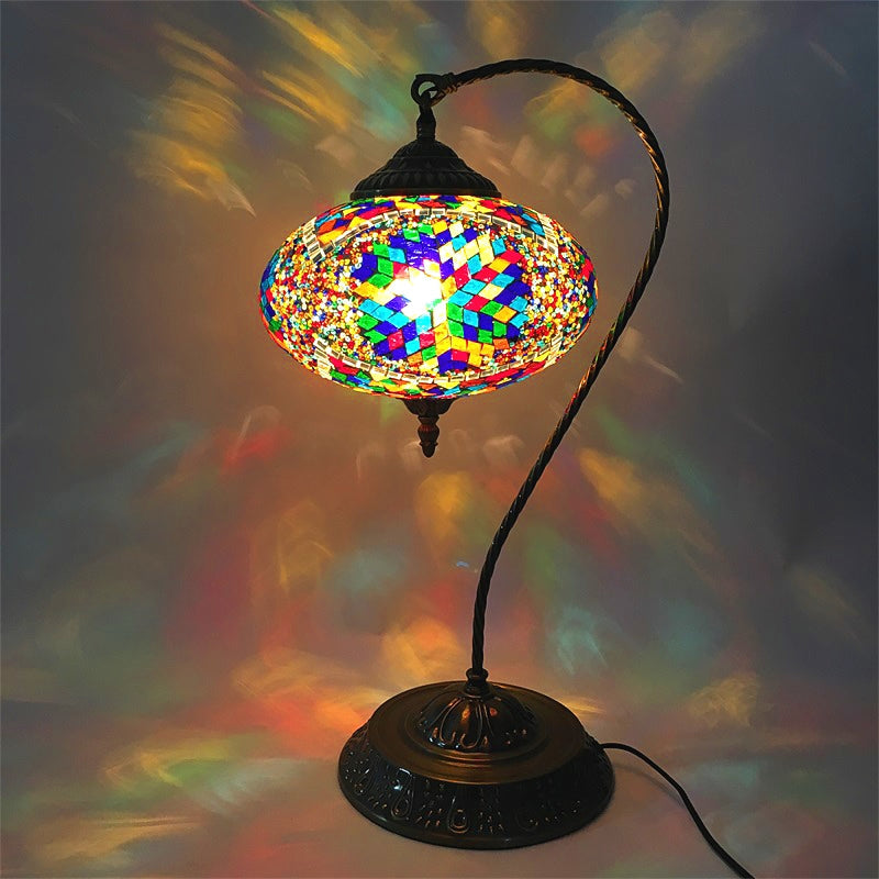 Stained Art Glass Night Light With Curved Arm In Yellow/Blue/Green