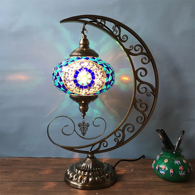 Blue Stained Glass Oval Table Light: Decorative Moon Arm Bedroom Night Lamp With 1 Bulb