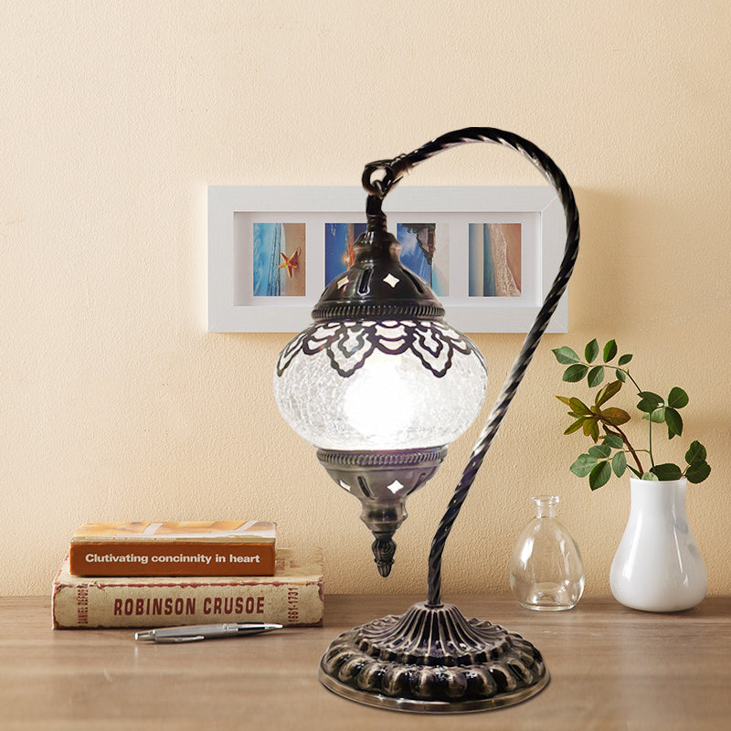 Turkish Night Lamp: Crackle Glass Bronze Desk Light With Curving Arm - 15/18/21 High