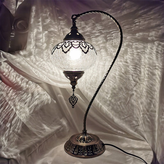 Turkish Night Lamp: Crackle Glass Bronze Desk Light With Curving Arm - 15/18/21 High