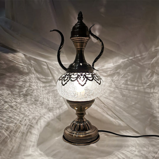 Turkish Crackle Glass Bronze Teapot Table Light 6.5/7 Width 1-Bulb Nightstand Lamp For Living Room /