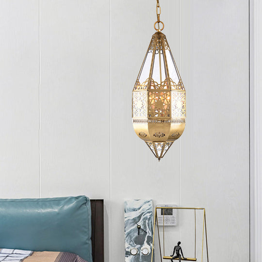 Arabian Brass Lantern Pendant Lamp With Clear Glass Shade - Restaurant Ceiling Light Hollow Pattern