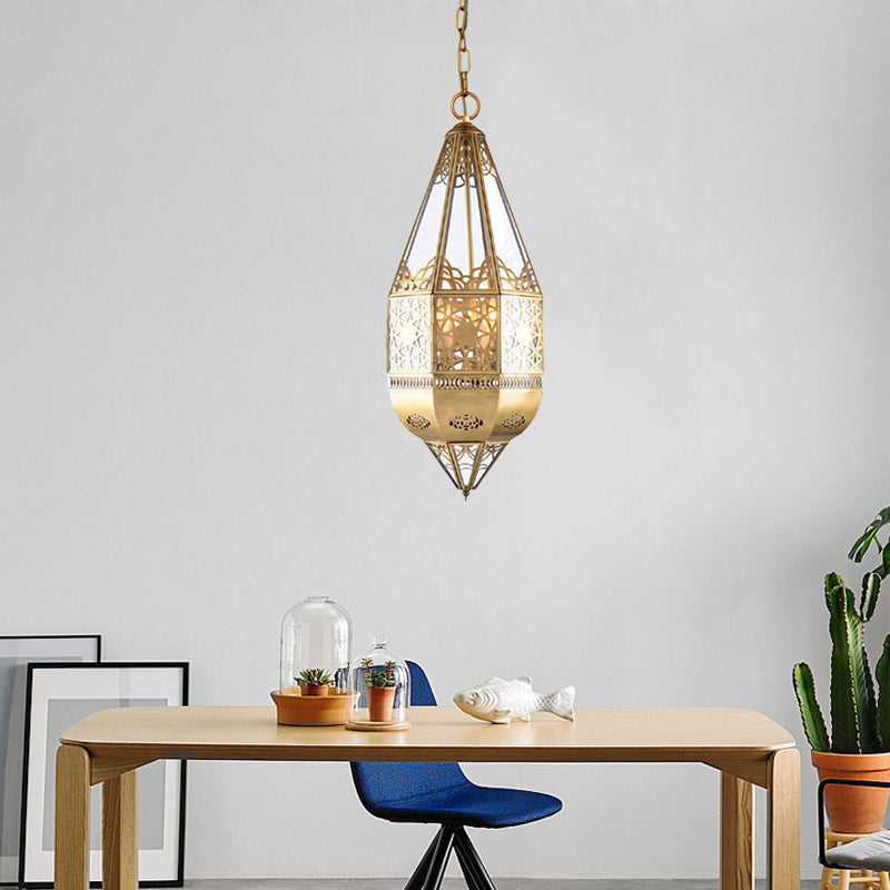 Arabian Brass Lantern Pendant Lamp With Clear Glass Shade - Restaurant Ceiling Light Hollow Pattern