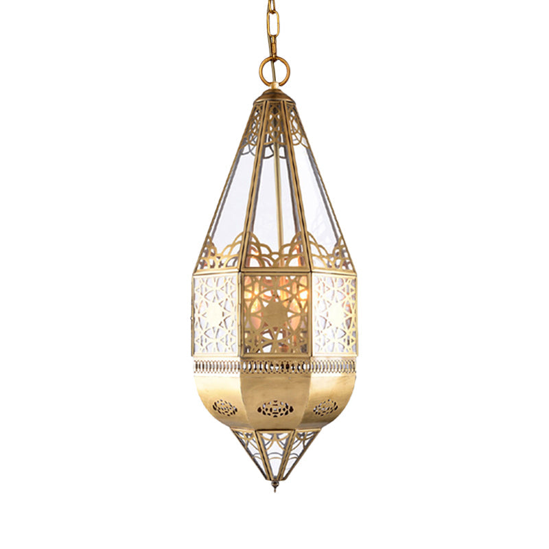 Arabian Brass Lantern Pendant Lamp With Clear Glass Shade - Restaurant Ceiling Light Hollow Pattern