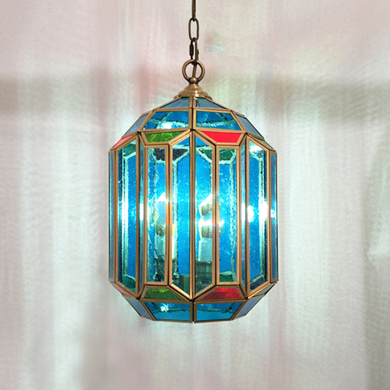 Vintage 1-Light Blue Glass Lantern Ceiling Lamp - Bedroom Pendant Light With Open Bottom