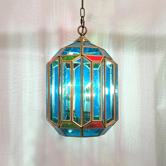 Vintage 1-Light Blue Glass Lantern Ceiling Lamp - Bedroom Pendant Light With Open Bottom