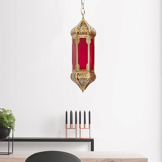 Red Glass Lantern Pendant Light With Hollow Pattern And 1 Bulb