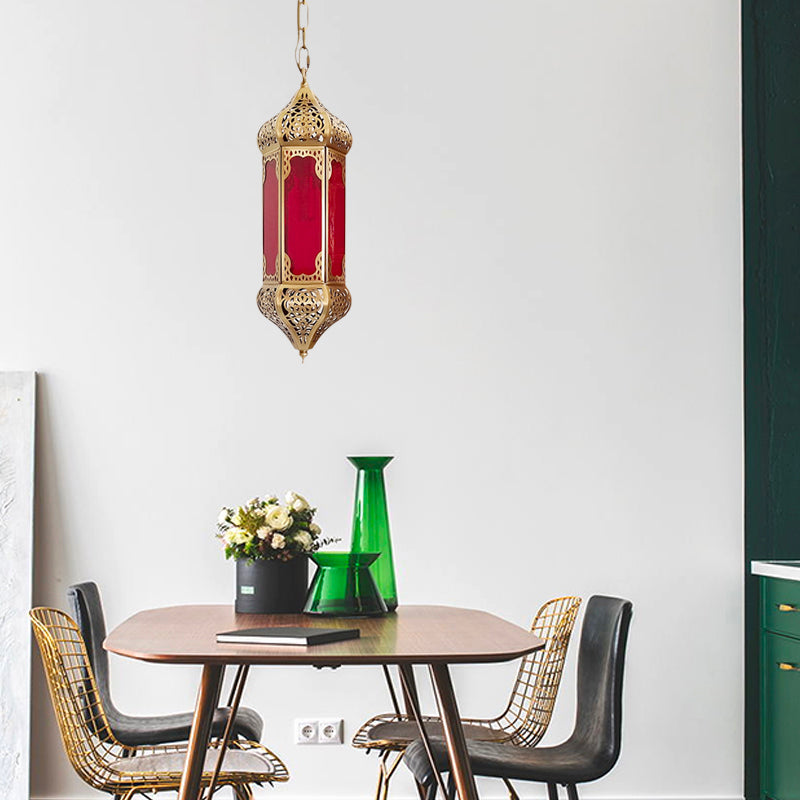 Red Glass Lantern Pendant Light With Hollow Pattern And 1 Bulb