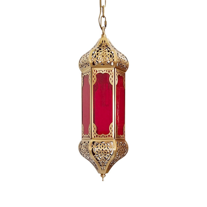 Red Glass Lantern Pendant Light With Hollow Pattern And 1 Bulb