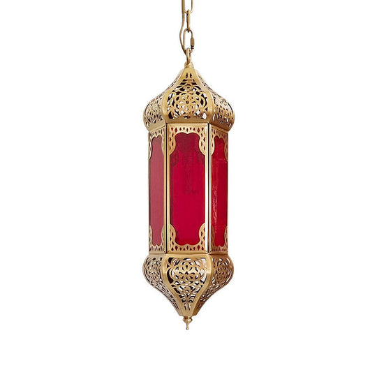 Red Glass Lantern Pendant Light With Hollow Pattern And 1 Bulb