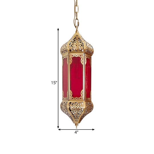 Red Glass Lantern Pendant Light With Hollow Pattern And 1 Bulb