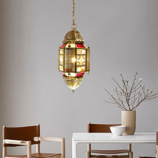 Arabian Lantern Metal Hanging Lamp With Cutout Design In Brass - 1 Light Suspension Lighting