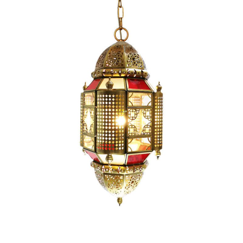 Arabian Lantern Metal Hanging Lamp With Cutout Design In Brass - 1 Light Suspension Lighting