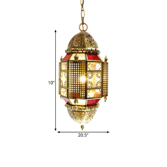 Arabian Lantern Metal Hanging Lamp With Cutout Design In Brass - 1 Light Suspension Lighting