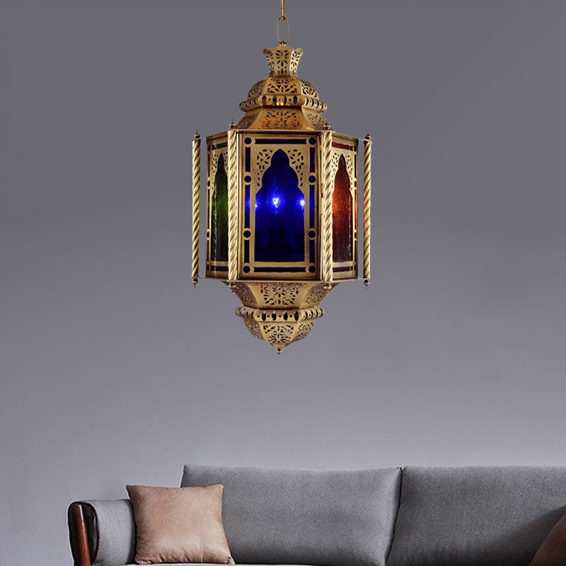 Vintage Lantern Ceiling Light With Colorful Glass Shade - Brass Metal Pendant Lamp