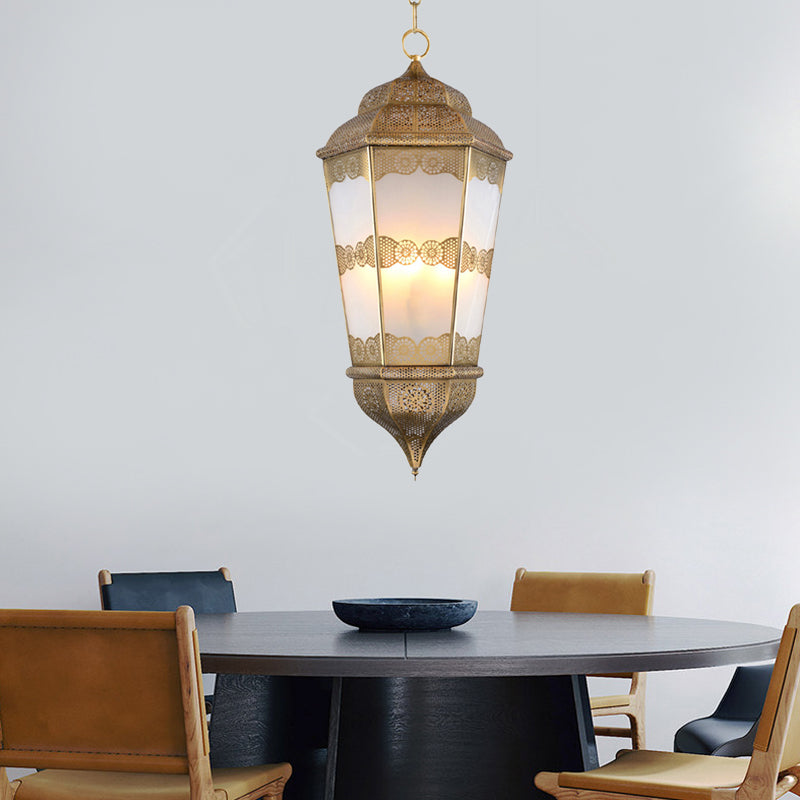 Southeast Asian Metal Lantern Chandelier With Frosted Glass Shade - Brass Finish 3 Bulb Restaurant