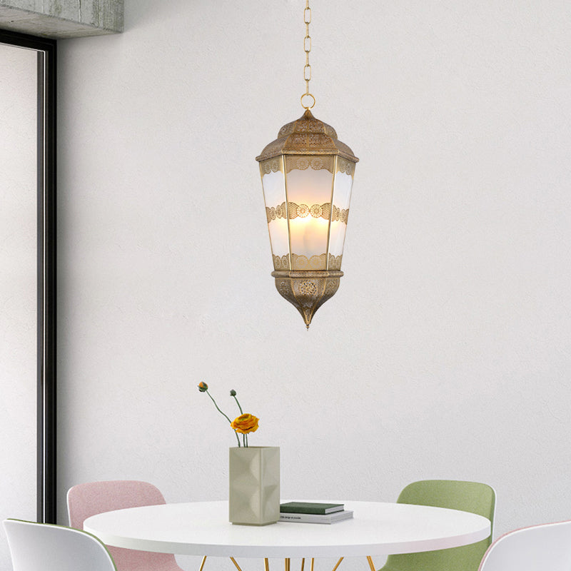 Southeast Asian Metal Lantern Chandelier With Frosted Glass Shade - Brass Finish 3 Bulb Restaurant