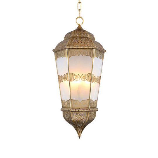 Southeast Asian Metal Lantern Chandelier With Frosted Glass Shade - Brass Finish 3 Bulb Restaurant