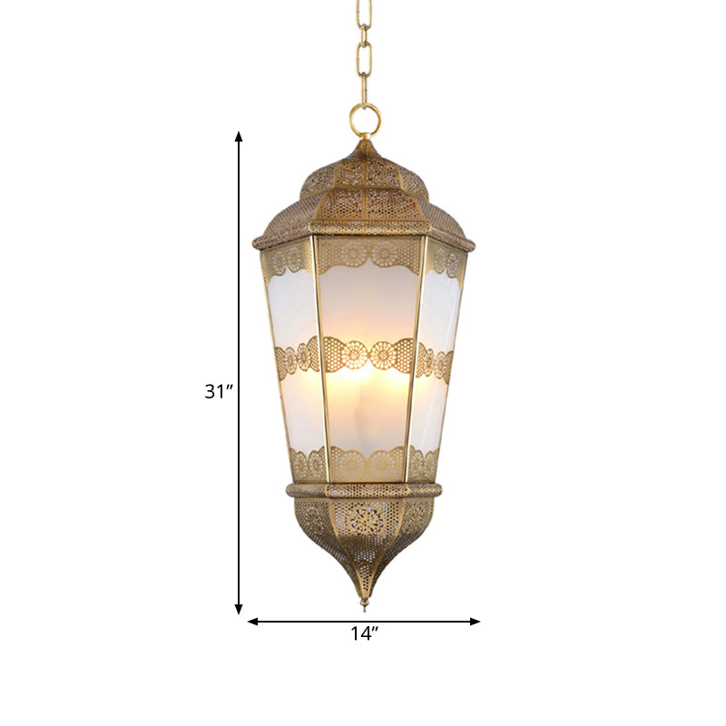 Southeast Asian Metal Lantern Chandelier With Frosted Glass Shade - Brass Finish 3 Bulb Restaurant