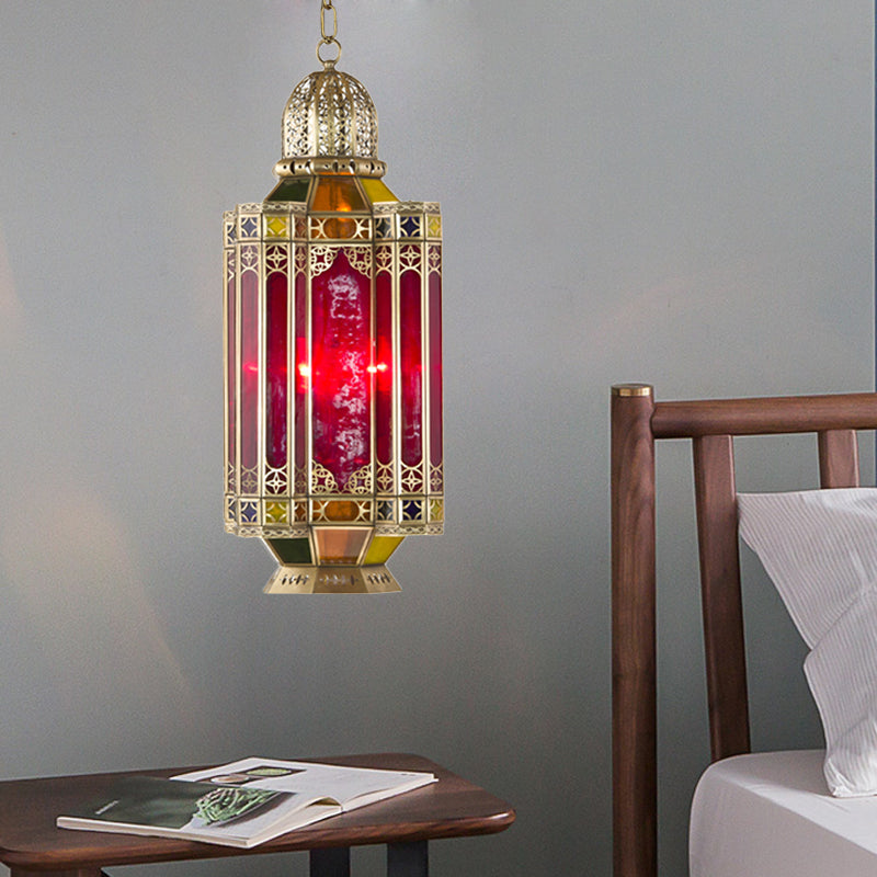 Red Glass Arab Lantern Chandelier With 3 Pendant Heads Brass Ceiling Light For Corridor