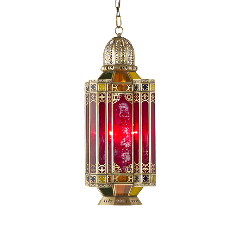 Red Glass Arab Lantern Chandelier With 3 Pendant Heads Brass Ceiling Light For Corridor