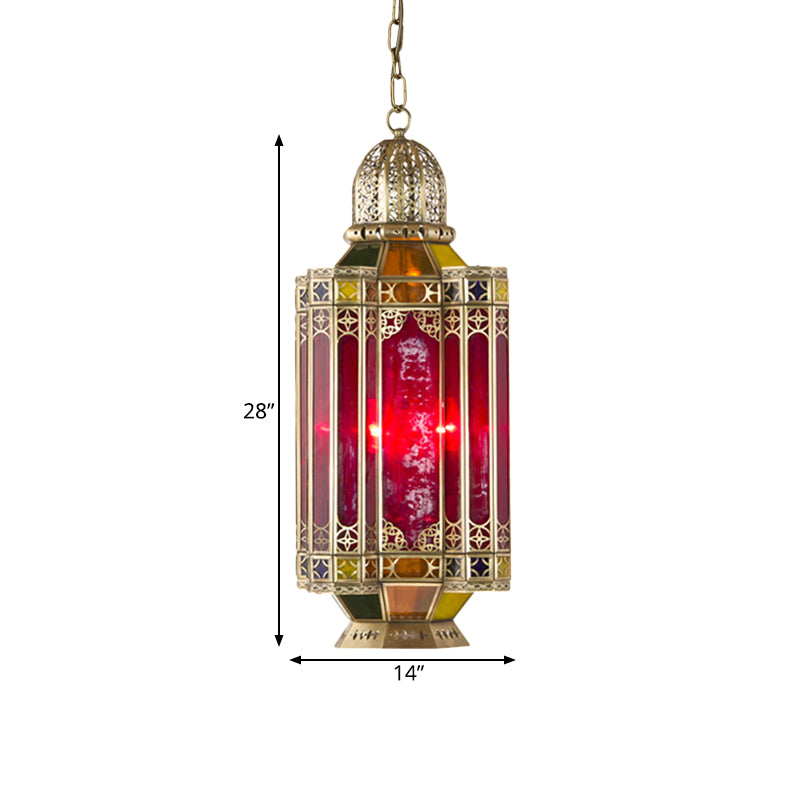 Red Glass Arab Lantern Chandelier With 3 Pendant Heads Brass Ceiling Light For Corridor