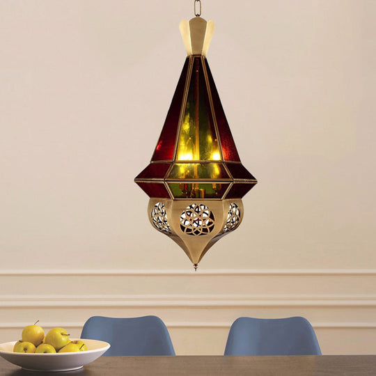 Brass Tapered Metal Pendant Lamp With Stained Glass Shade - 3 Bulb Restaurant Chandelier