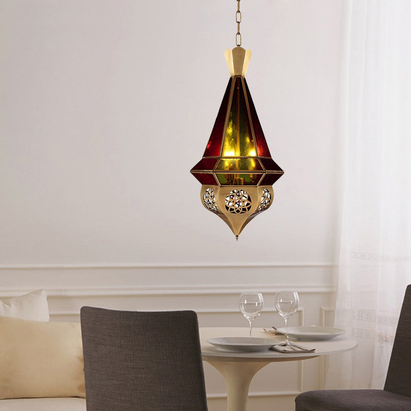 Brass Tapered Metal Pendant Lamp With Stained Glass Shade - 3 Bulb Restaurant Chandelier