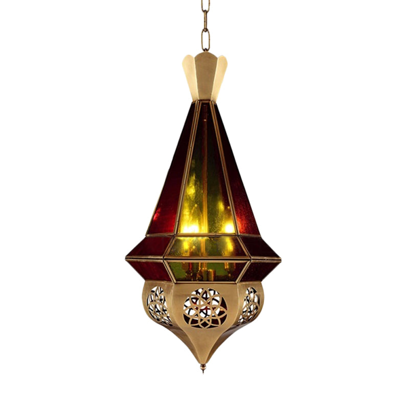 Brass Tapered Metal Pendant Lamp With Stained Glass Shade - 3 Bulb Restaurant Chandelier