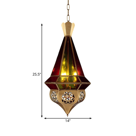 Brass Tapered Metal Pendant Lamp With Stained Glass Shade - 3 Bulb Restaurant Chandelier