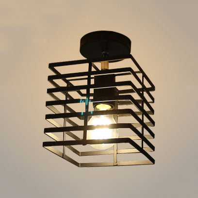 Retro Loft Black Metallic Semi Flush Pendant Light with Cage Shade - 1 Bulb Square Ceiling Light Fixture