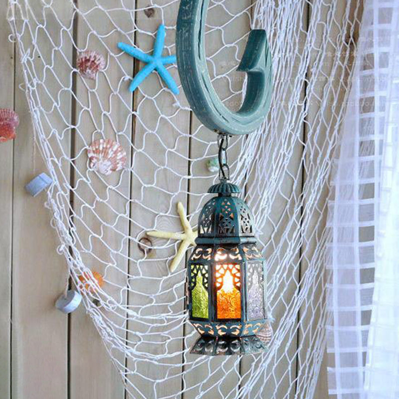 Art Deco Lantern Pendant Light In Blue With Stained Glass - Wooden Hook Rod