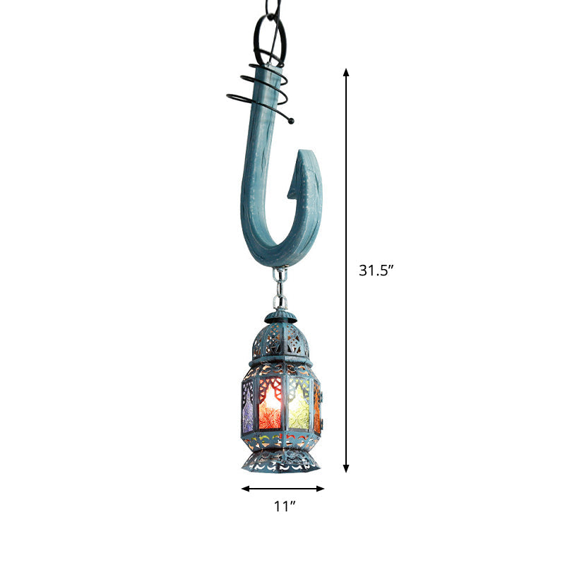 Art Deco Lantern Pendant Light In Blue With Stained Glass - Wooden Hook Rod