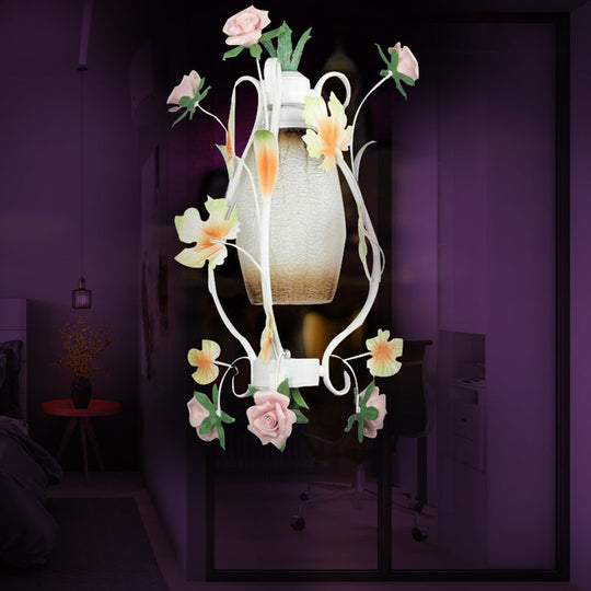 White Glass Pendant Light With Rose Decor - Pastoral Style 1 Bulb Restaurant Hanging Lamp