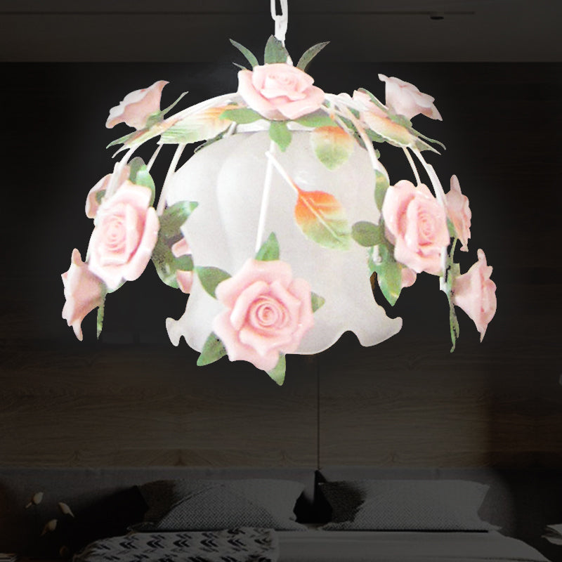 White Glass Flower Pendant Lamp - Romantic Pastoral Suspension Light