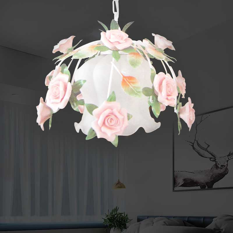 White Glass Flower Pendant Lamp - Romantic Pastoral Suspension Light