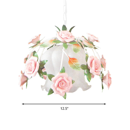 White Glass Flower Pendant Lamp - Romantic Pastoral Suspension Light