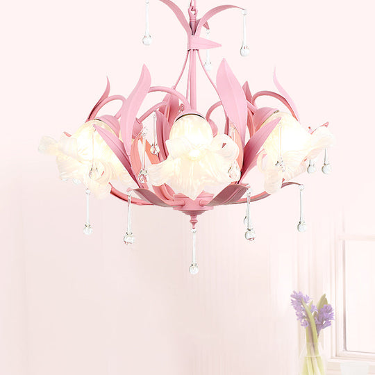 Korean Garden Opal Glass Blossom Chandelier - 3/6 Bulbs Pendant For Living Room Pink/Blue/Green