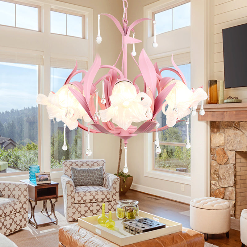 Korean Garden Opal Glass Blossom Chandelier - 3/6 Bulbs Pendant For Living Room Pink/Blue/Green