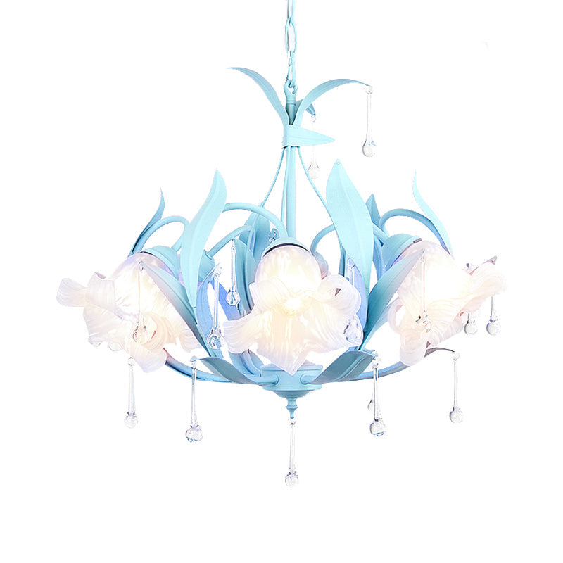 Korean Garden Opal Glass Blossom Chandelier - 3/6 Bulbs Pendant For Living Room Pink/Blue/Green