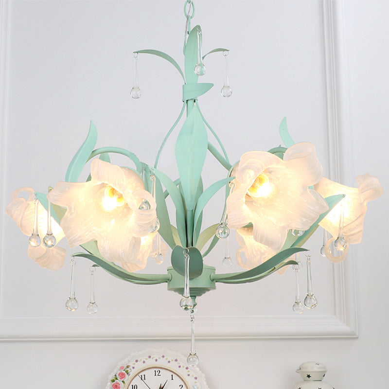 Korean Garden Opal Glass Blossom Chandelier - 3/6 Bulbs Pendant For Living Room Pink/Blue/Green