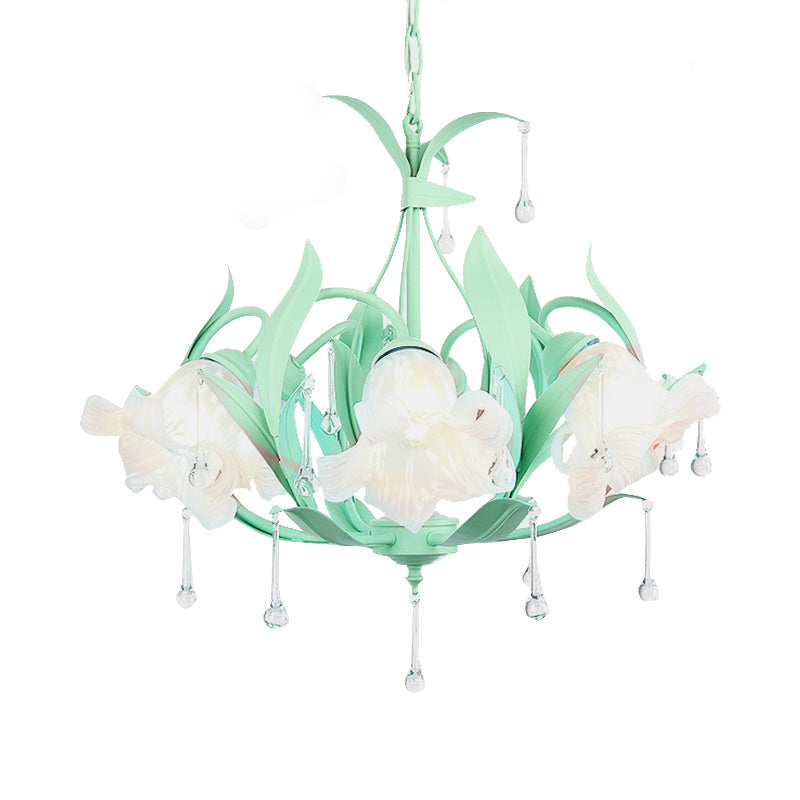 Korean Garden Opal Glass Blossom Chandelier - 3/6 Bulbs Pendant For Living Room Pink/Blue/Green