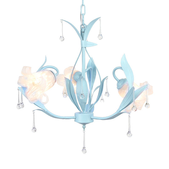 Korean Garden Opal Glass Blossom Chandelier - 3/6 Bulbs Pendant For Living Room Pink/Blue/Green