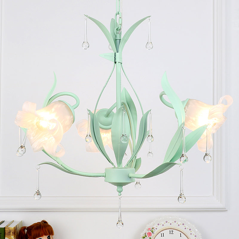 Korean Garden Opal Glass Blossom Chandelier - 3/6 Bulbs Pendant For Living Room Pink/Blue/Green