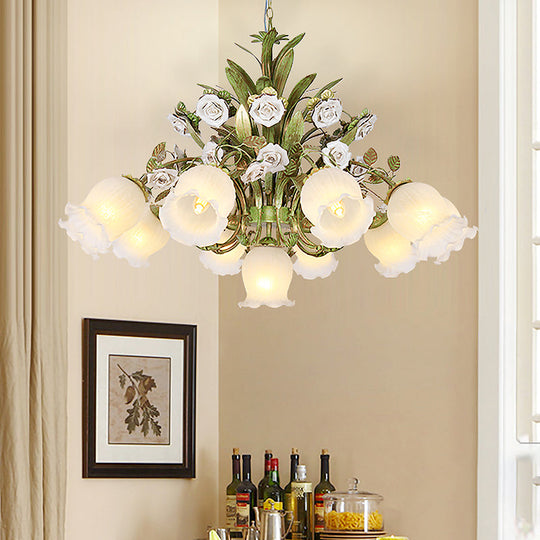 Romantic Cream Glass Green Chandelier With Flower Design - Perfect Lighting Fixture For Living Room