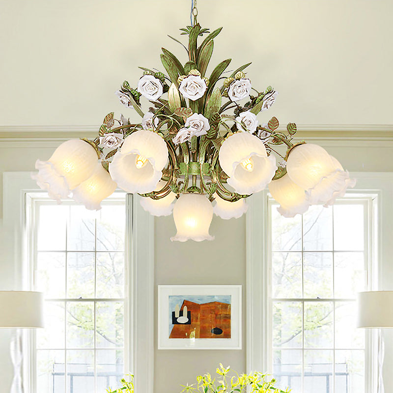 Romantic Cream Glass Green Chandelier With Flower Design - Perfect Lighting Fixture For Living Room