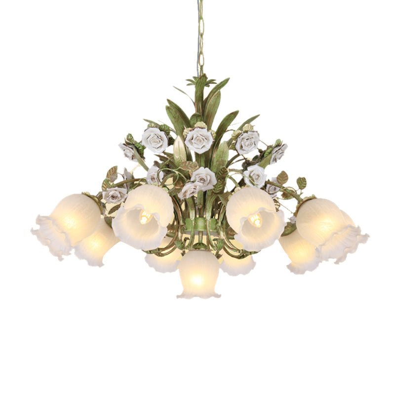 Romantic Cream Glass Green Chandelier With Flower Design - Perfect Lighting Fixture For Living Room